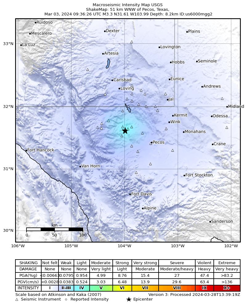 USGS ShakeMap: estimated shaking intensity around the epicenter