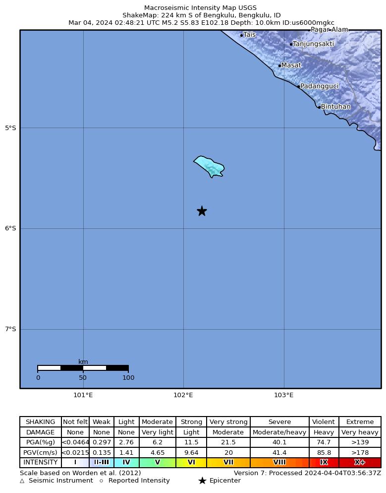 USGS ShakeMap intensity contours for the M5.2 earthquake near 224 km S of Bengkulu, Indonesia