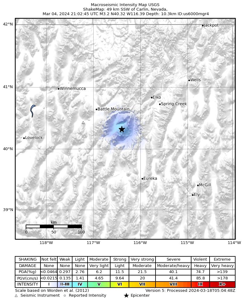 USGS ShakeMap intensity contours for the M3.8 earthquake near 17 km E of Crescent Valley, Nevada