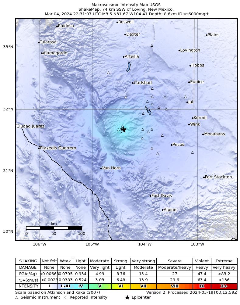 USGS ShakeMap intensity contours for the M3.3 earthquake near 54 km S of Whites City, New Mexico