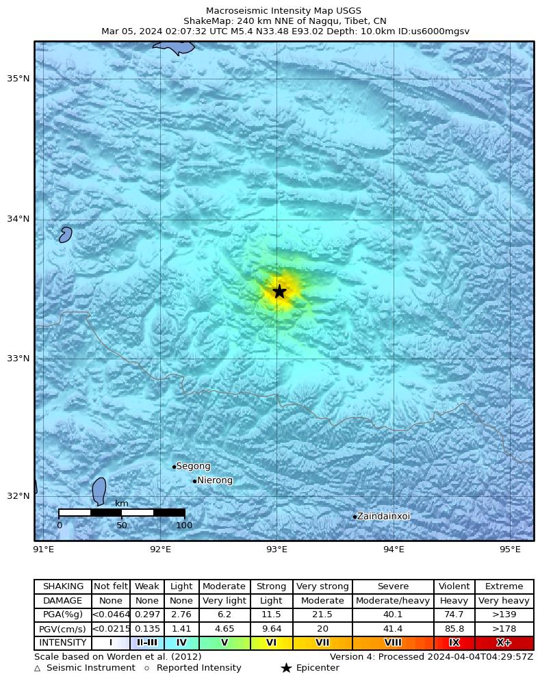 USGS ShakeMap intensity contours for the M5.4 earthquake near 240 km NNE of Nagqu, China