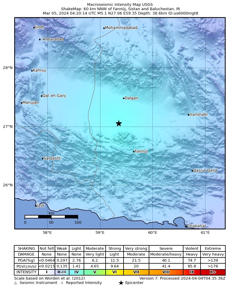 USGS ShakeMap intensity contours for the M5.1 earthquake near 60 km NNW of Fannūj, Iran