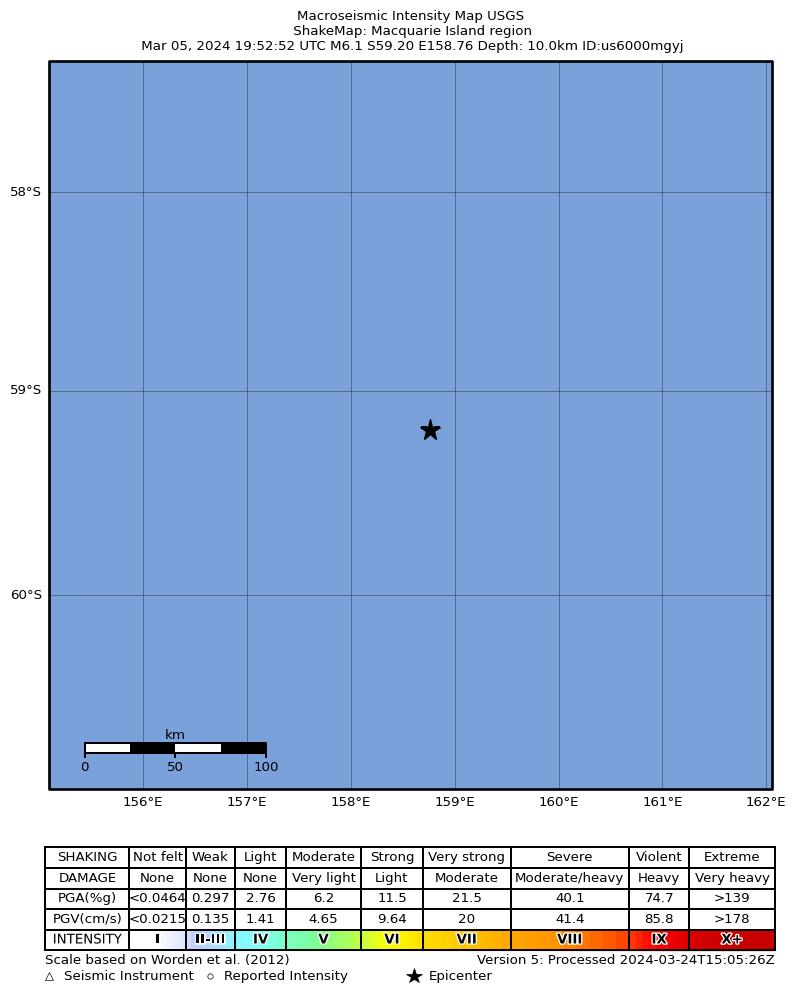 USGS ShakeMap intensity contours for the M6.1 earthquake near Macquarie Island region
