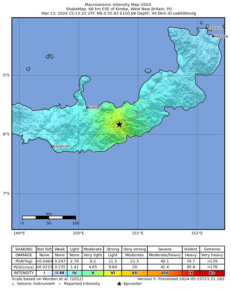 USGS ShakeMap intensity contours for the M6.0 earthquake near 68 km ESE of Kimbe, Papua New Guinea