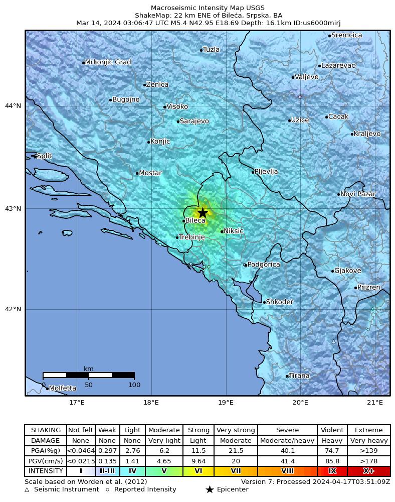 USGS ShakeMap intensity contours for the M5.4 earthquake near 22 km ENE of Bileća, Bosnia and Herzegovina