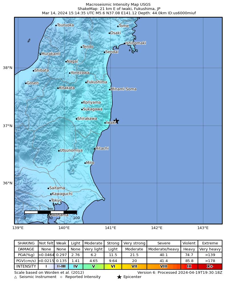 USGS ShakeMap intensity contours for the M5.6 earthquake near 21 km E of Iwaki, Japan