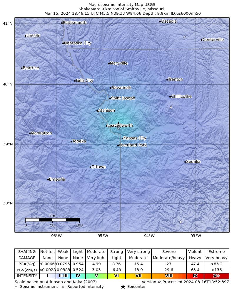 USGS ShakeMap intensity contours for the M3.5 earthquake near 2 km NE of Ferrelview, Missouri