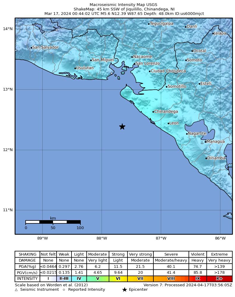 USGS ShakeMap intensity contours for the M5.6 earthquake near 45 km SSW of Jiquilillo, Nicaragua