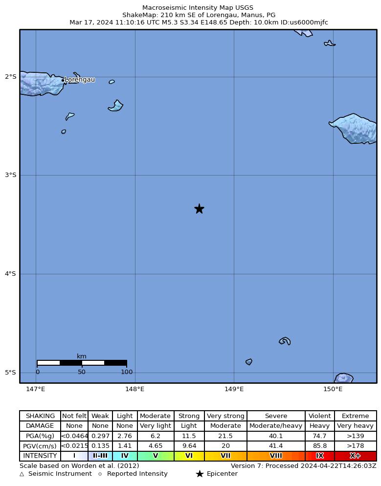 USGS ShakeMap intensity contours for the M5.3 earthquake near 210 km SE of Lorengau, Papua New Guinea