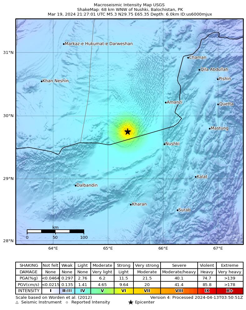 USGS ShakeMap intensity contours for the M5.3 earthquake near 68 km WNW of Nushki, Pakistan