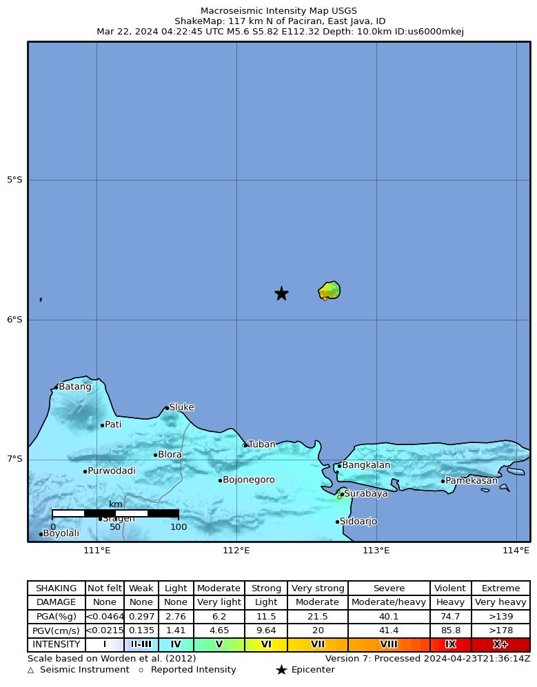 USGS ShakeMap intensity contours for the M5.6 earthquake near 117 km N of Paciran, Indonesia