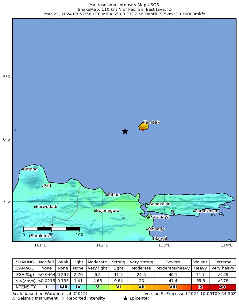 USGS ShakeMap intensity contours for the M6.4 earthquake near 110 km N of Paciran, Indonesia