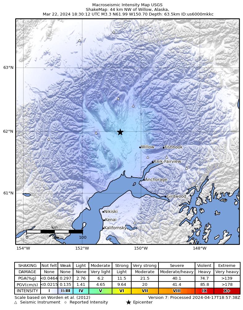 USGS ShakeMap intensity contours for the M3.1 earthquake near 35 km E of Skwentna, Alaska