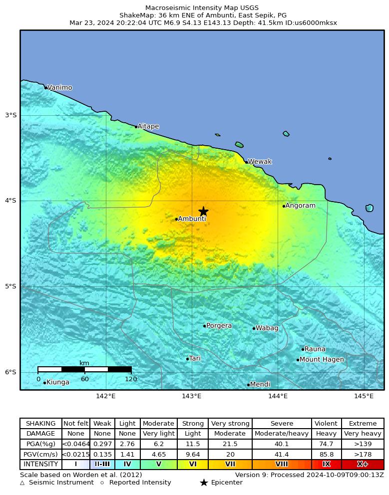 USGS ShakeMap intensity contours for the M6.9 earthquake near 36 km ENE of Ambunti, Papua New Guinea