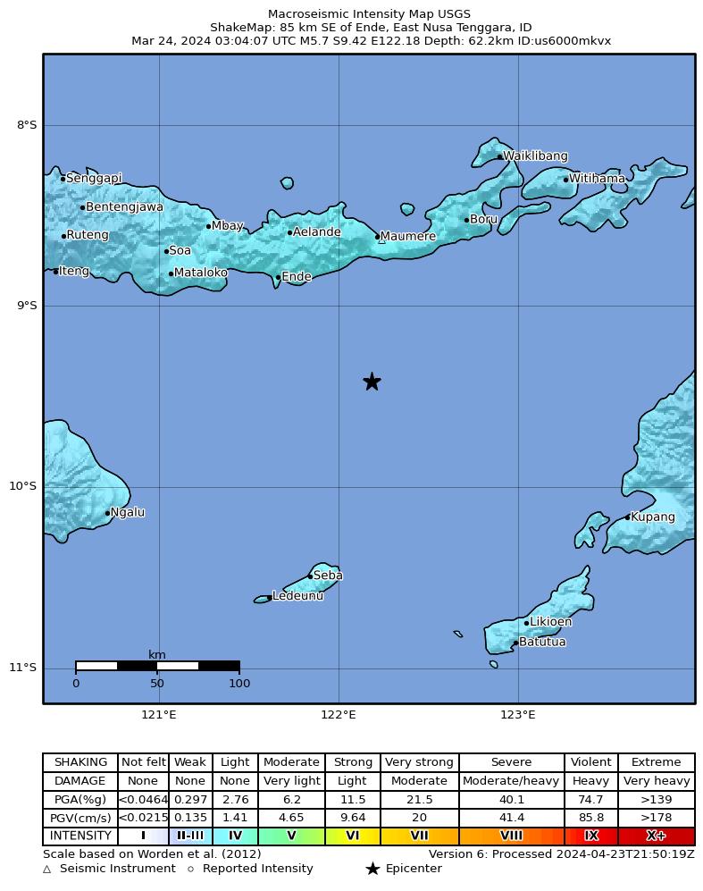 USGS ShakeMap intensity contours for the M5.7 earthquake near 85 km SE of Ende, Indonesia