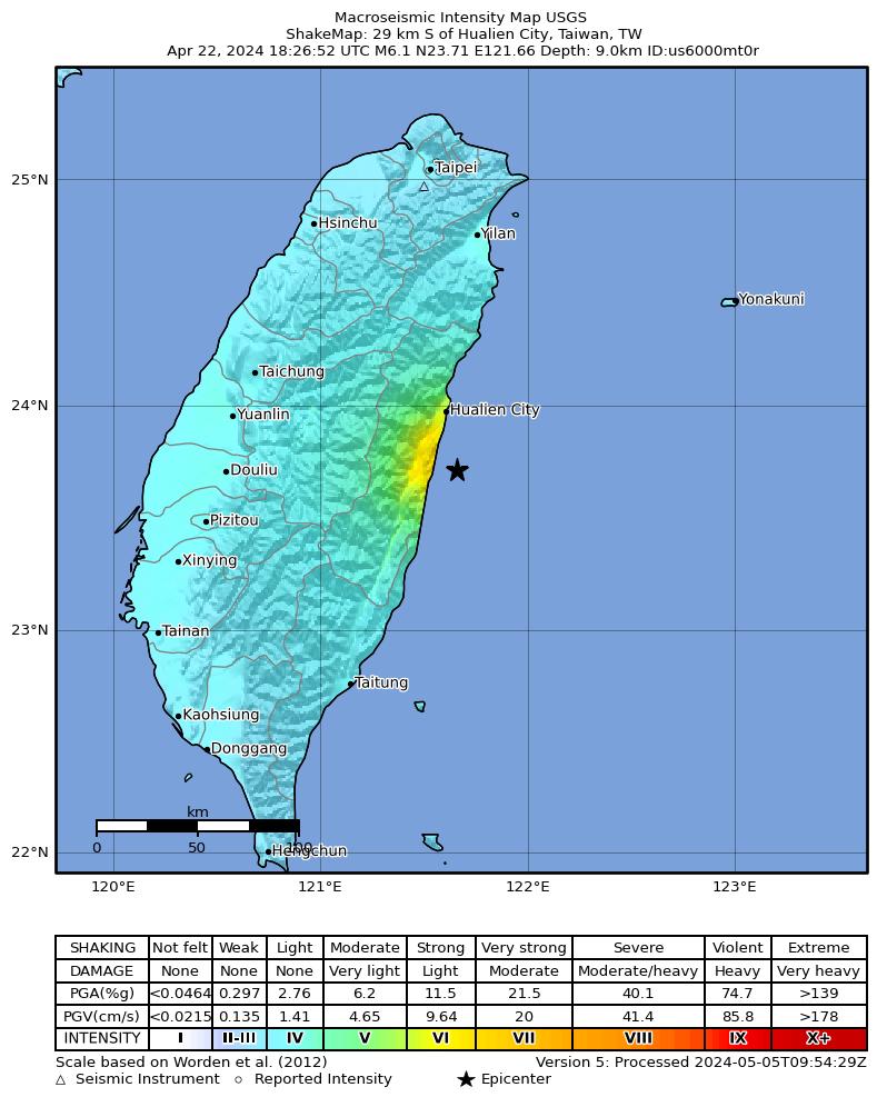 USGS ShakeMap intensity contours for the M6.1 earthquake near 29 km S of Hualien City, Taiwan