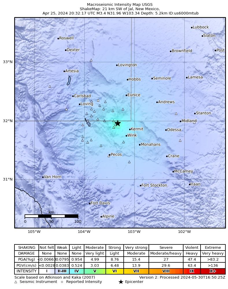 USGS ShakeMap intensity contours for the M3.8 earthquake near 20 km SW of Jal, New Mexico