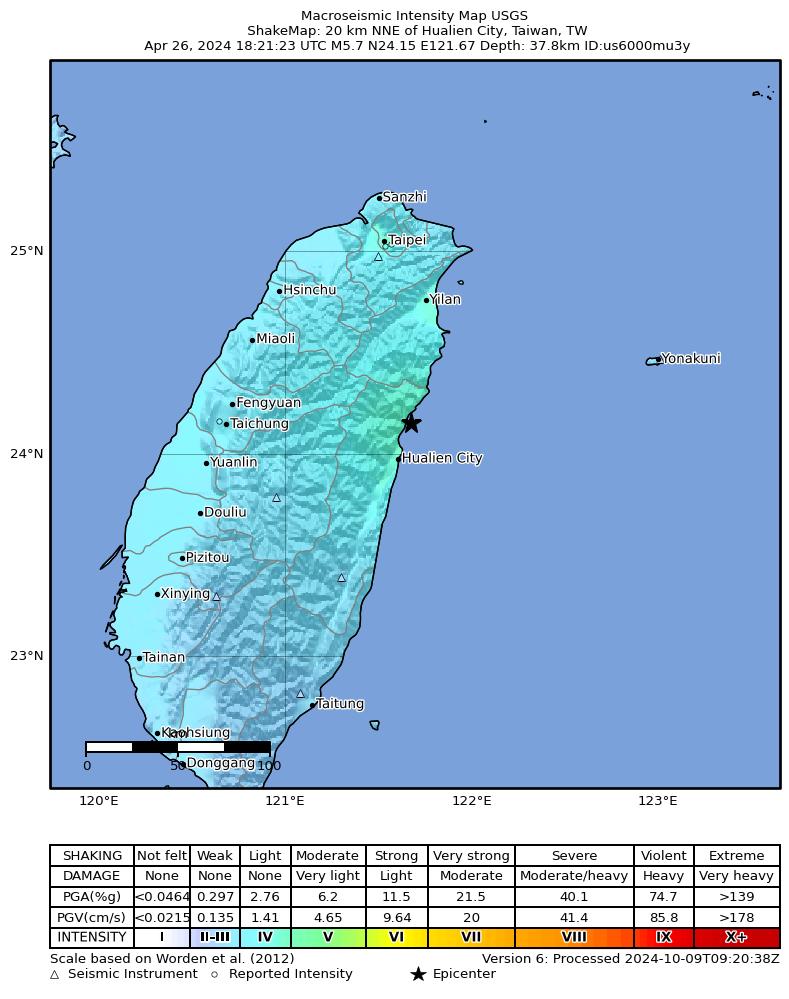 USGS ShakeMap intensity contours for the M5.7 earthquake near 20 km NNE of Hualien City, Taiwan