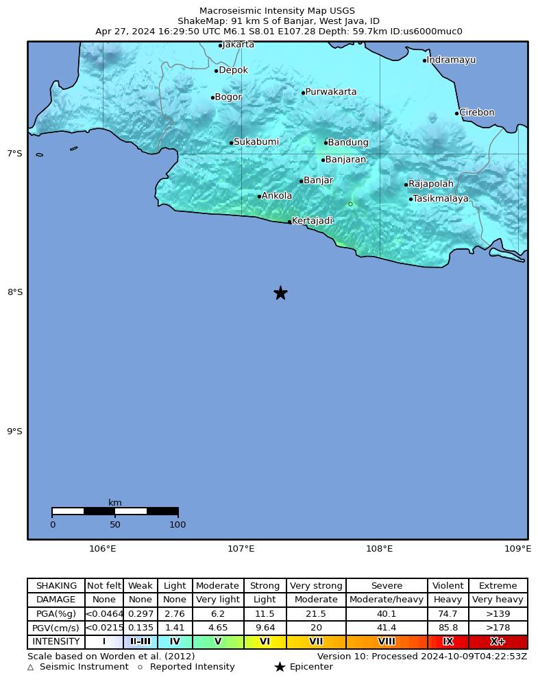 USGS ShakeMap intensity contours for the M6.1 earthquake near 91 km S of Banjar, Indonesia