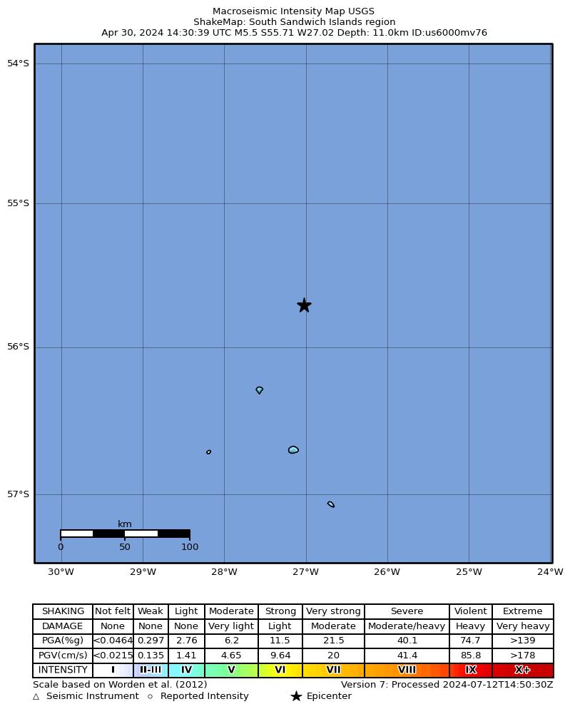 USGS ShakeMap intensity contours for the M5.5 earthquake near South Sandwich Islands region