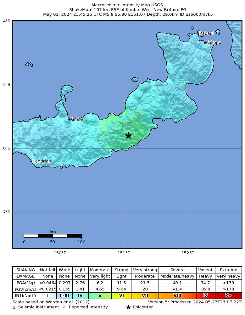 USGS ShakeMap intensity contours for the M5.8 earthquake near 107 km ESE of Kimbe, Papua New Guinea