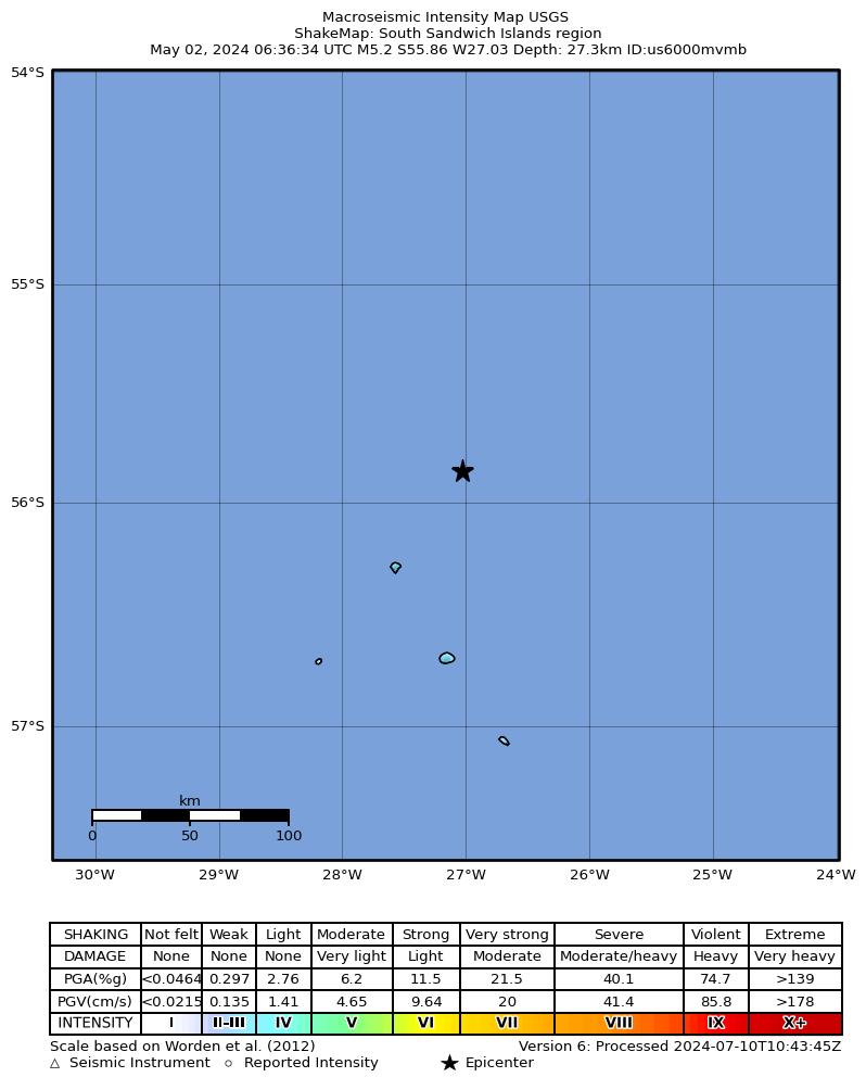 USGS ShakeMap intensity contours for the M5.2 earthquake near South Sandwich Islands region