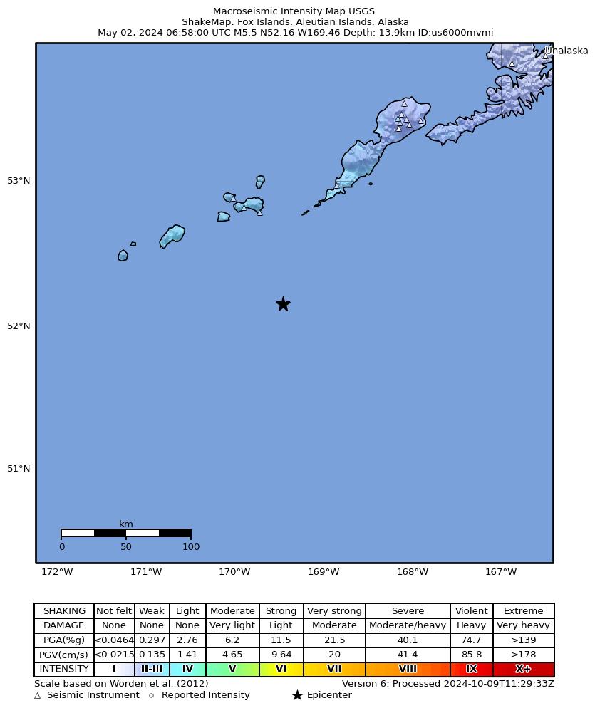 USGS ShakeMap intensity contours for the M5.5 earthquake near 96 km SSW of Nikolski, Alaska