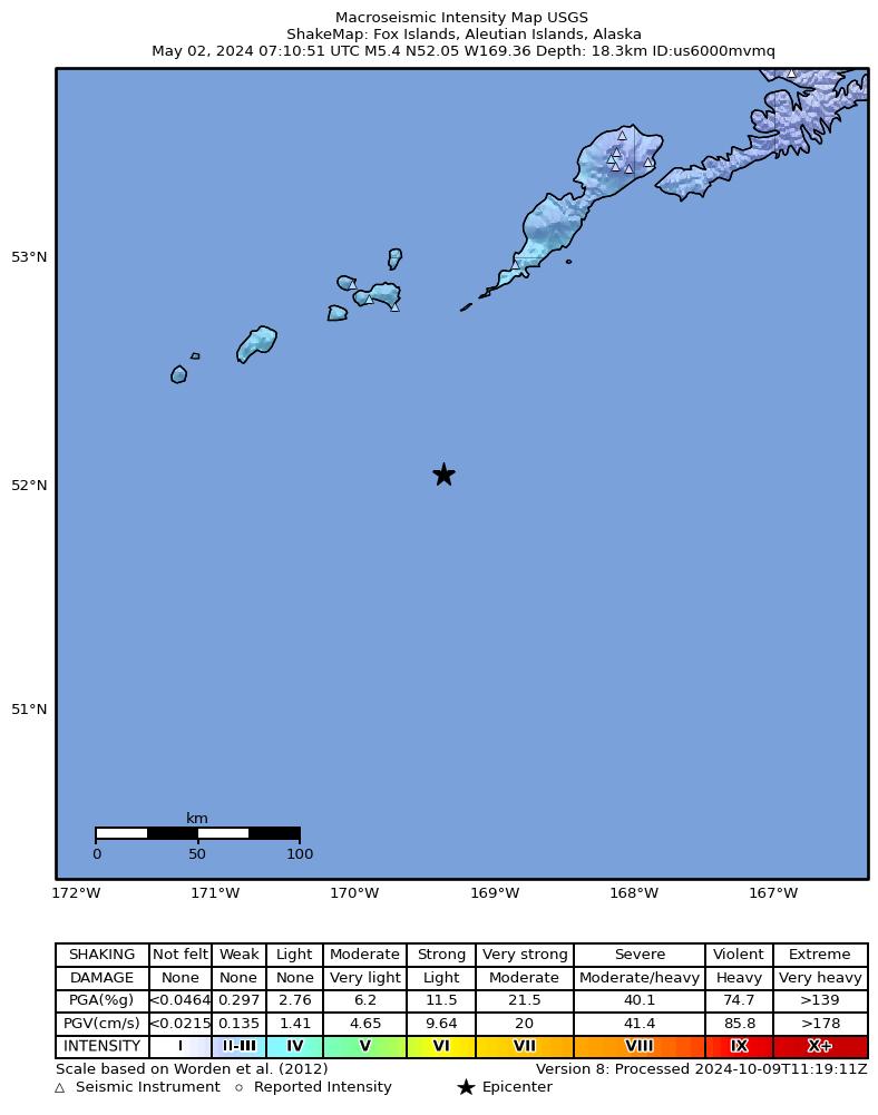 USGS ShakeMap intensity contours for the M5.4 earthquake near 104 km SSW of Nikolski, Alaska