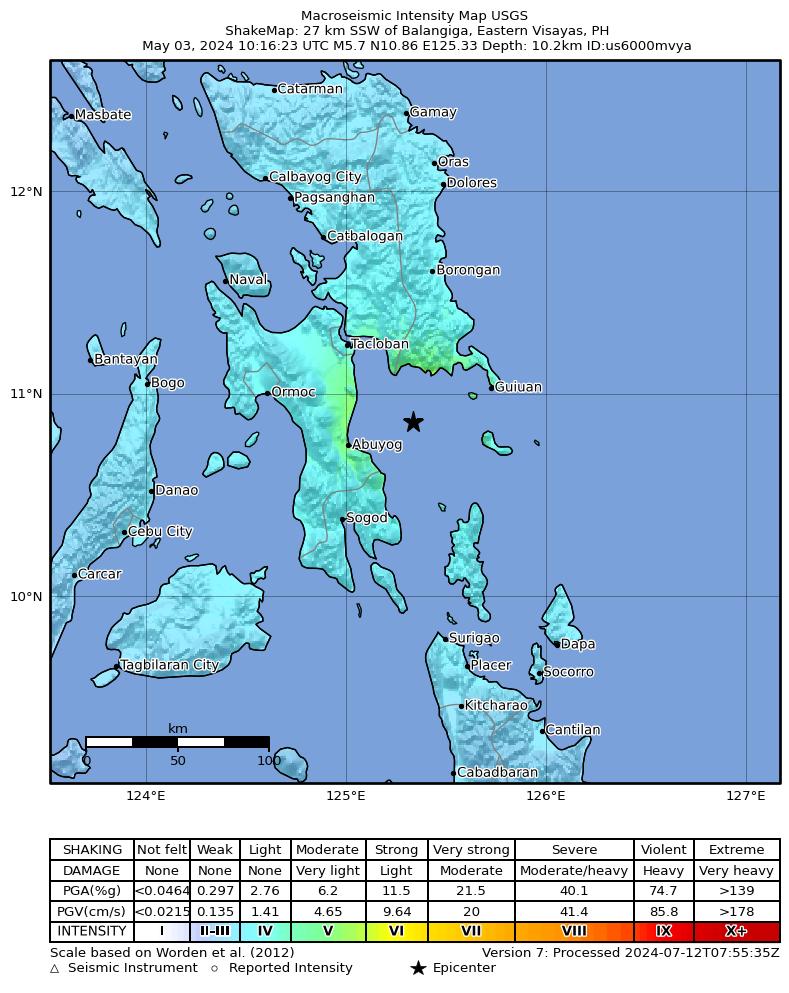 USGS ShakeMap intensity contours for the M5.7 earthquake near 27 km SSW of Balangiga, Philippines