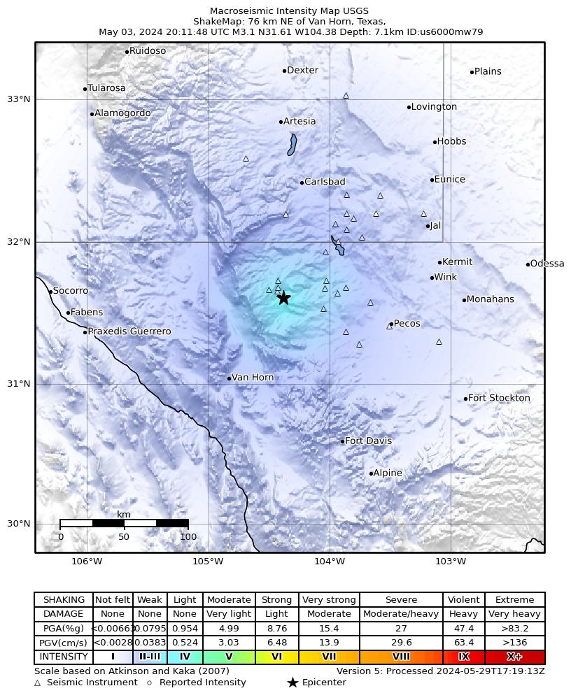 USGS ShakeMap intensity contours for the M3.2 earthquake near 61 km S of Whites City, New Mexico