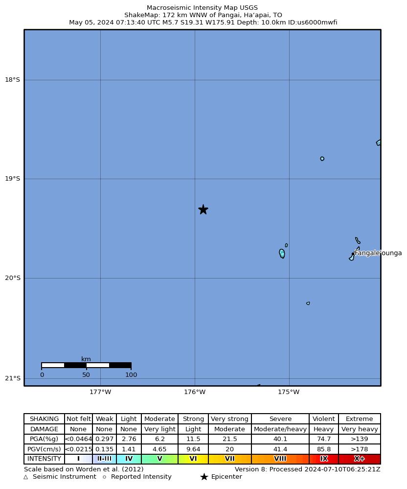 USGS ShakeMap intensity contours for the M5.7 earthquake near 172 km WNW of Pangai, Tonga
