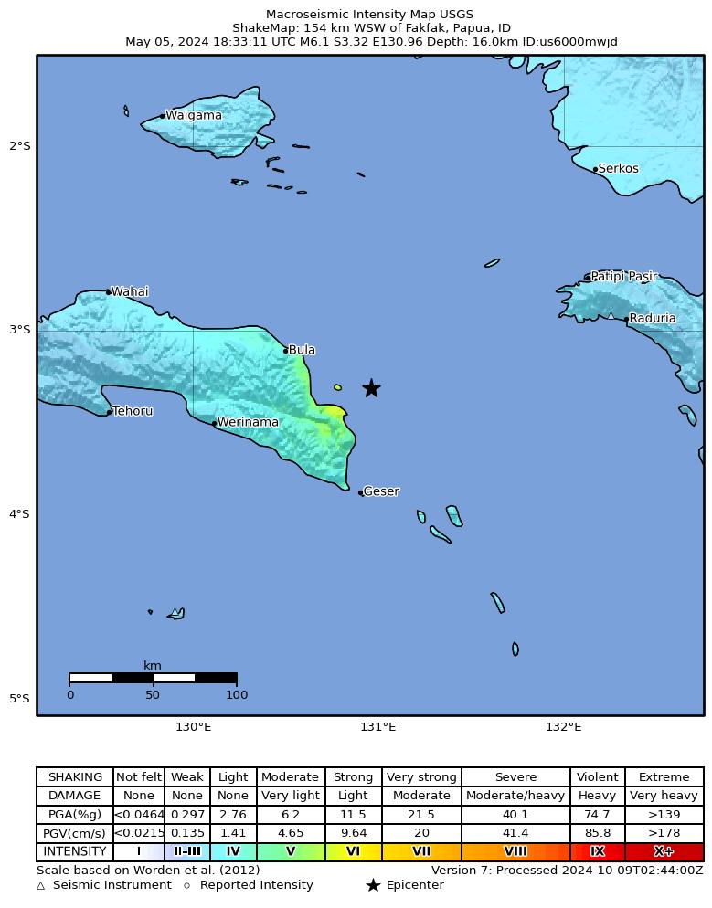USGS ShakeMap intensity contours for the M6.1 earthquake near 154 km WSW of Fakfak, Indonesia