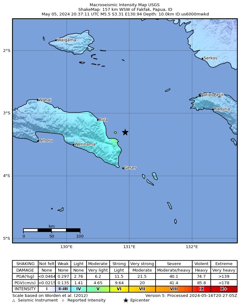 USGS ShakeMap intensity contours for the M5.5 earthquake near 157 km WSW of Fakfak, Indonesia