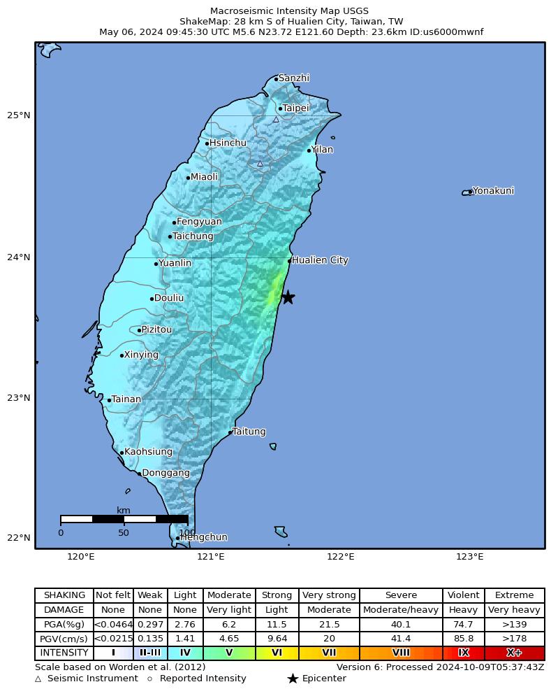 USGS ShakeMap intensity contours for the M5.6 earthquake near 28 km S of Hualien City, Taiwan