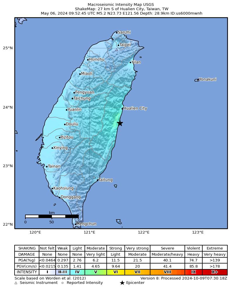 USGS ShakeMap intensity contours for the M5.2 earthquake near 27 km S of Hualien City, Taiwan