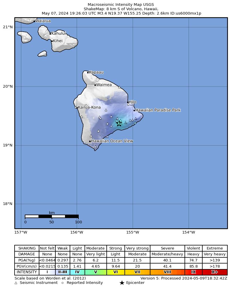 USGS ShakeMap intensity contours for the M3.3 earthquake near 6 km S of Volcano, Hawaii