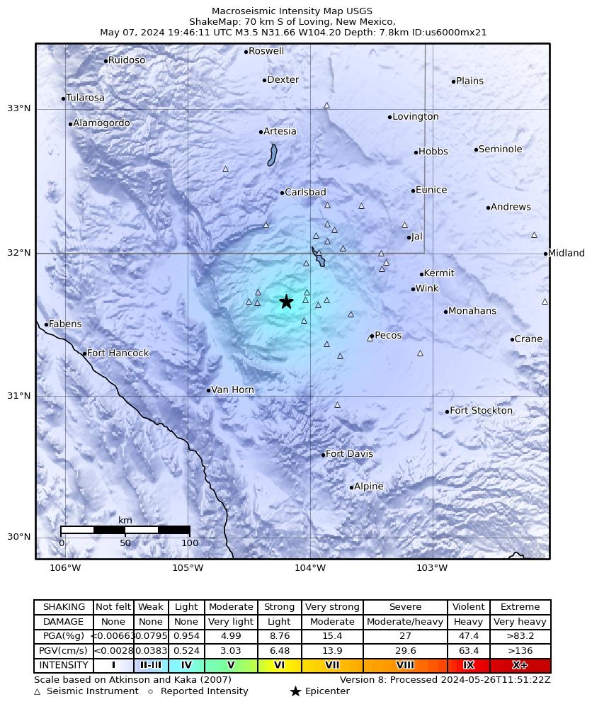 USGS ShakeMap intensity contours for the M3.5 earthquake near 54 km NW of Toyah, Texas