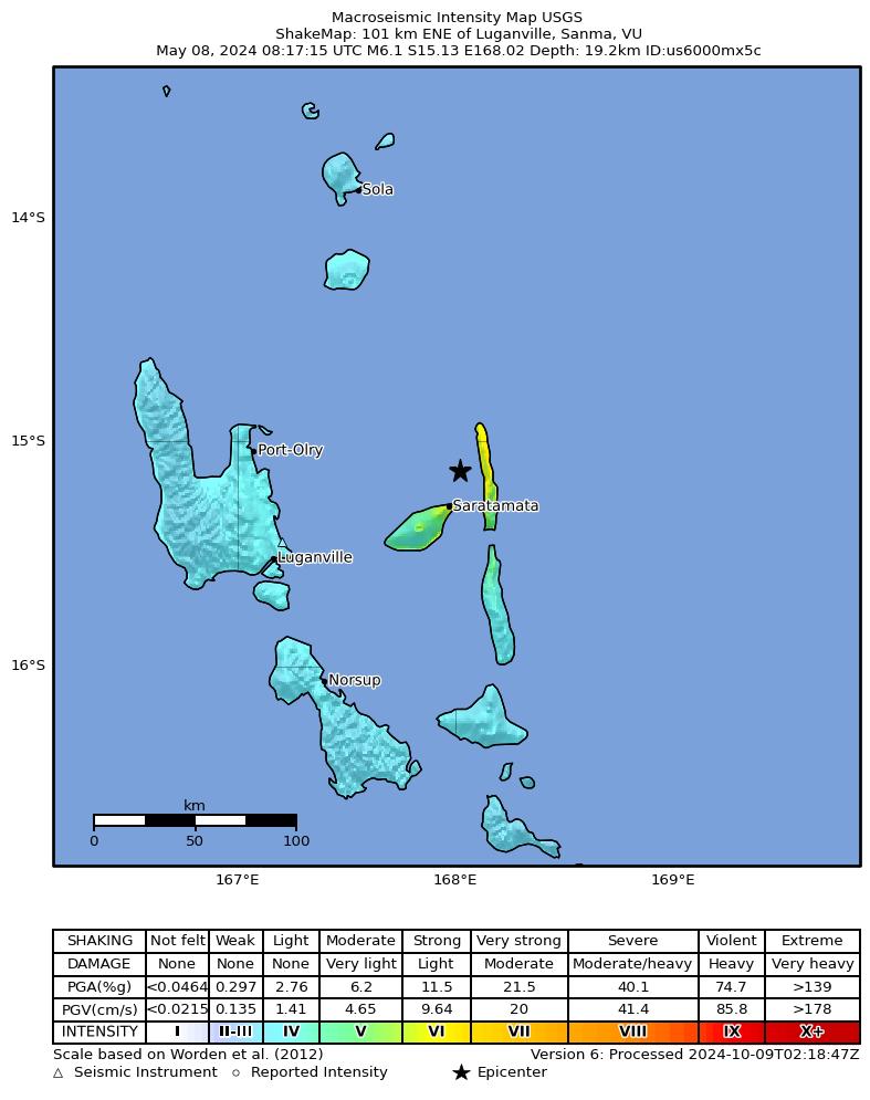 USGS ShakeMap intensity contours for the M6.1 earthquake near 101 km ENE of Luganville, Vanuatu