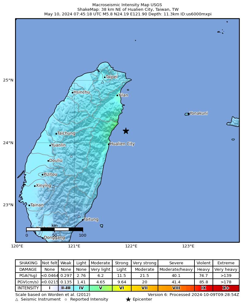 USGS ShakeMap intensity contours for the M5.8 earthquake near 38 km NE of Hualien City, Taiwan