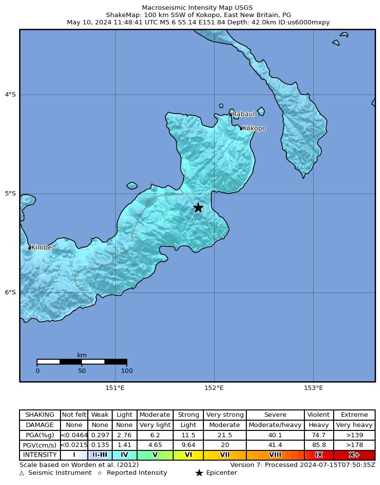 USGS ShakeMap intensity contours for the M5.6 earthquake near 100 km SSW of Kokopo, Papua New Guinea