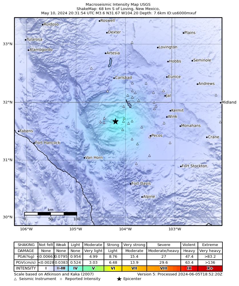USGS ShakeMap: estimated shaking intensity around the epicenter