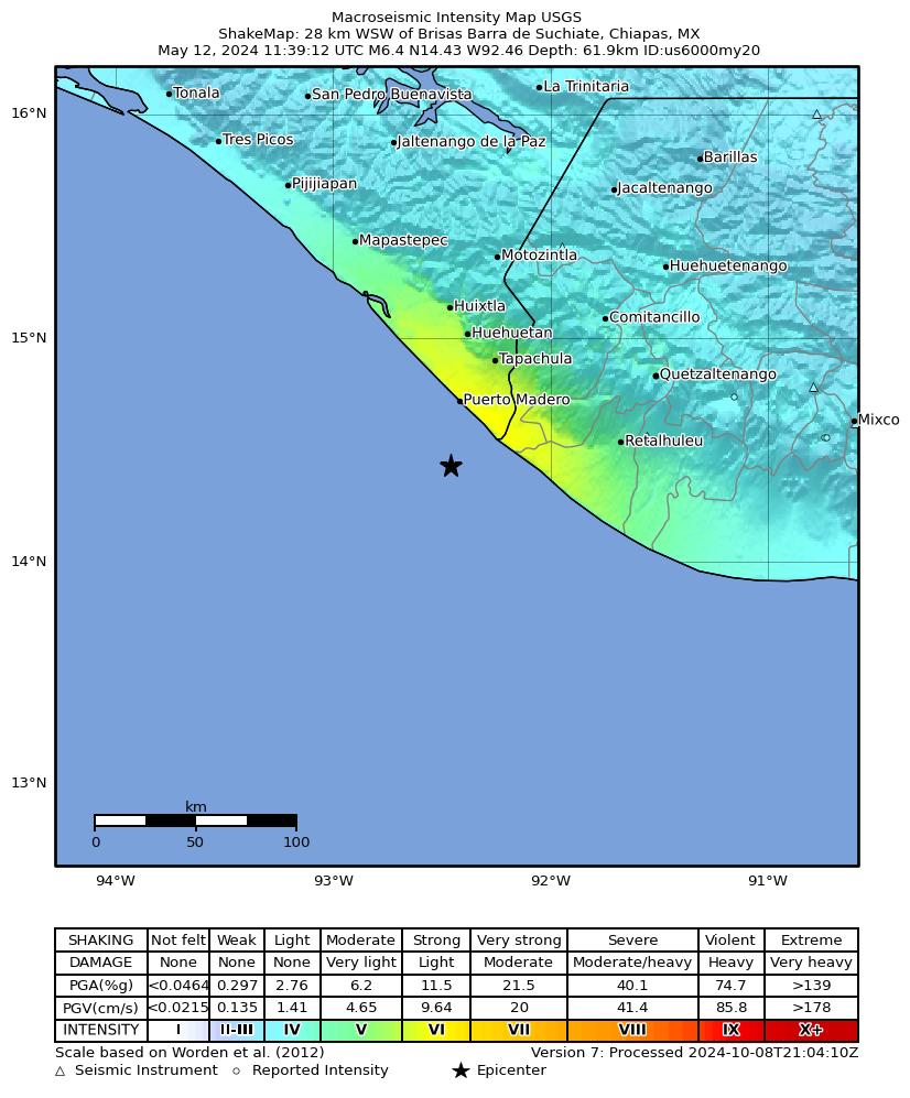USGS ShakeMap intensity contours for the M6.4 earthquake near 28 km WSW of Brisas Barra de Suchiate, Mexico