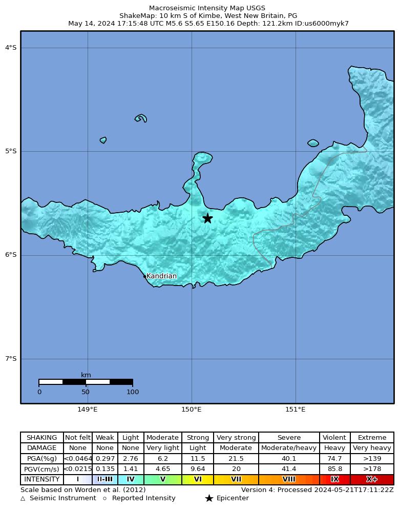 USGS ShakeMap intensity contours for the M5.6 earthquake near 10 km S of Kimbe, Papua New Guinea