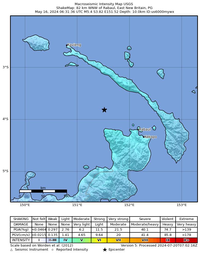 USGS ShakeMap intensity contours for the M5.4 earthquake near 82 km WNW of Rabaul, Papua New Guinea