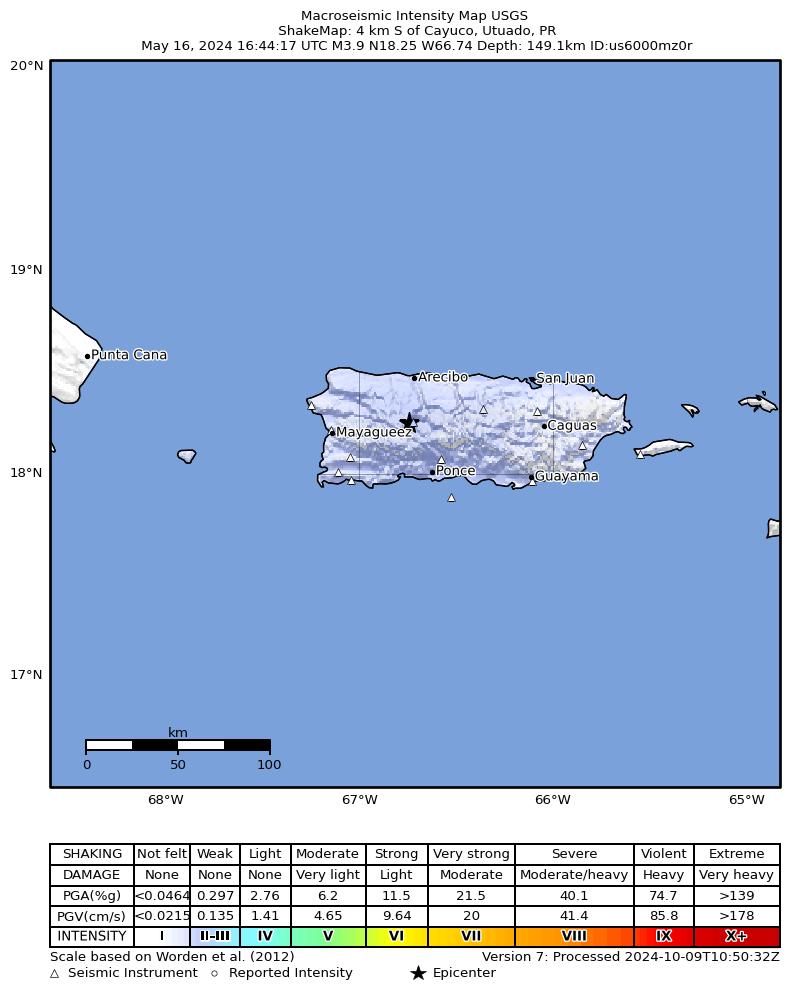 USGS ShakeMap intensity contours for the M3.9 earthquake near 2 km SSW of Utuado, Puerto Rico