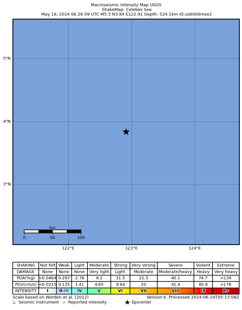 USGS ShakeMap intensity contours for the M5.5 earthquake near 267 km SSE of Tabiauan, Philippines