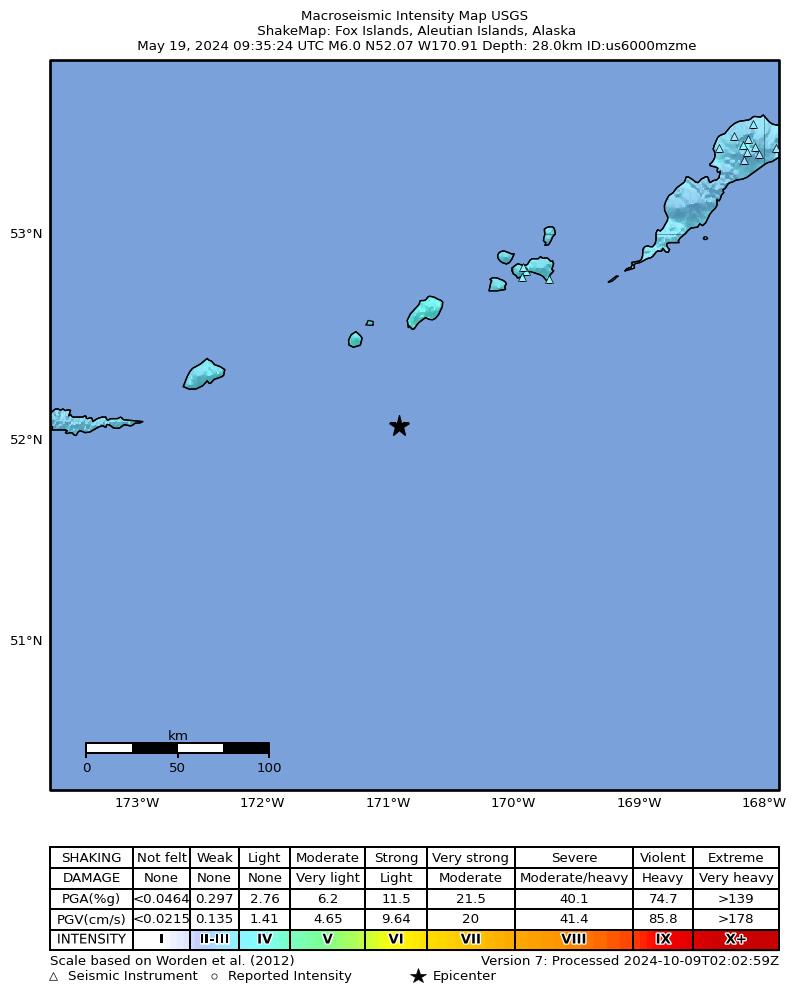 USGS ShakeMap intensity contours for the M6.0 earthquake near 169 km SW of Nikolski, Alaska
