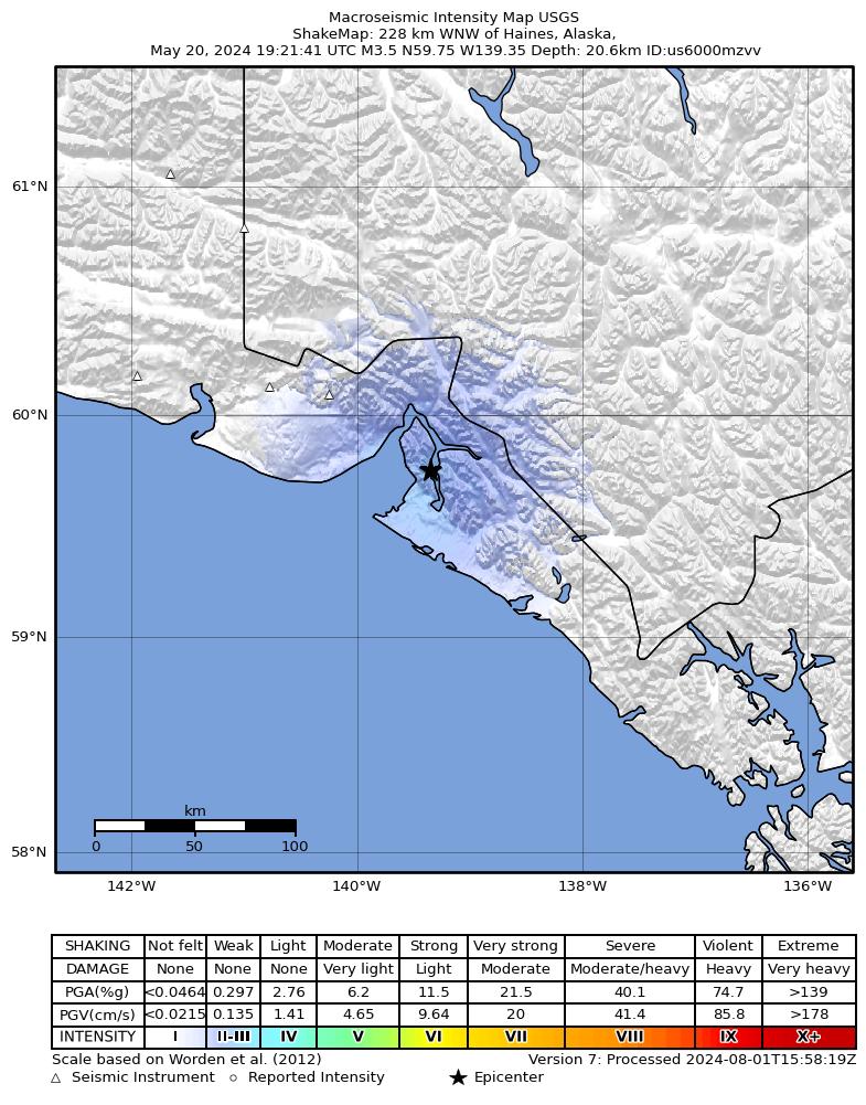 USGS ShakeMap intensity contours for the M3.4 earthquake near 36 km NE of Yakutat, Alaska