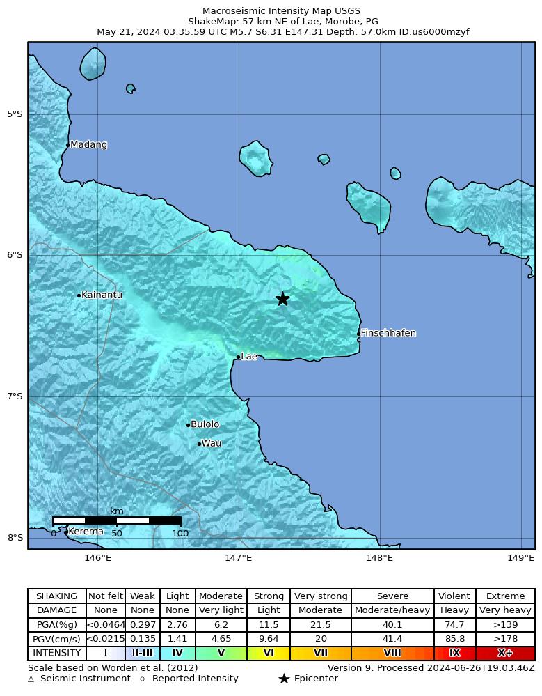 USGS ShakeMap intensity contours for the M5.7 earthquake near 57 km NE of Lae, Papua New Guinea