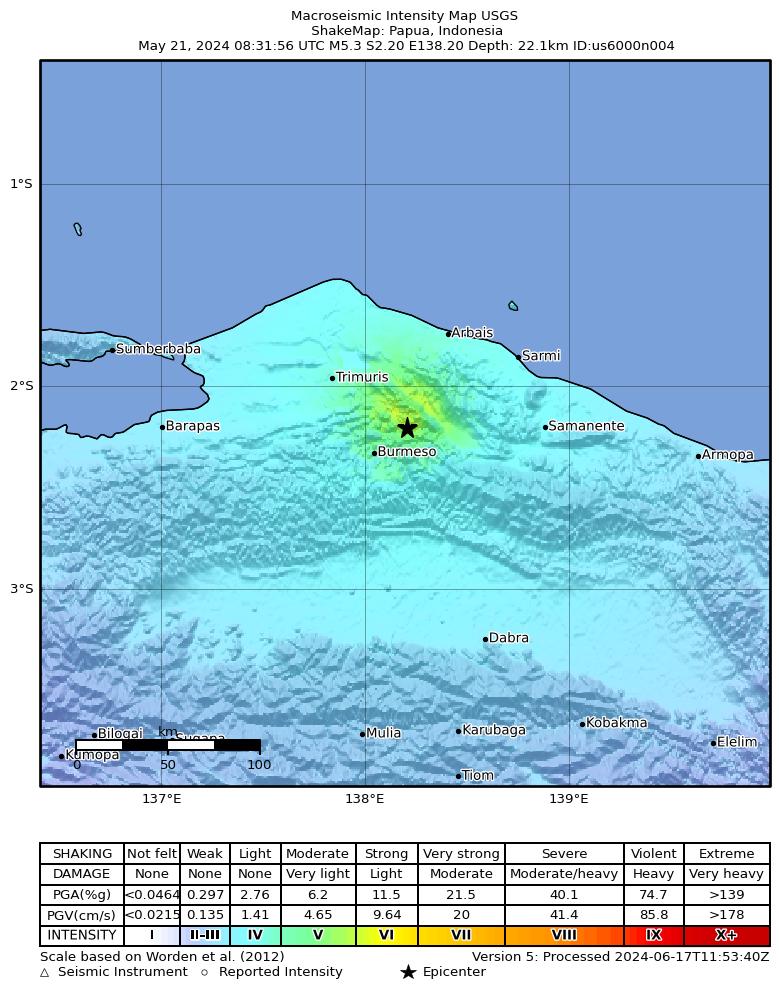 USGS ShakeMap intensity contours for the M5.3 earthquake near 261 km ESE of Biak, Indonesia